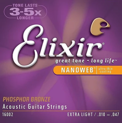 Струны для акустической гитары Elixir 16002 NanoWeb Extra Light 10-47, фосфор/бронза