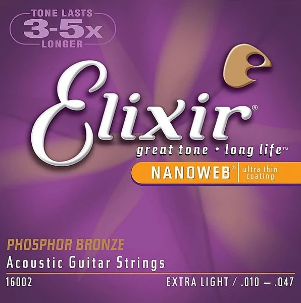 Струны для акустической гитары Elixir 16002 NanoWeb Extra Light 10-47, фосфор/бронза