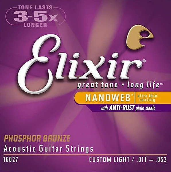 Струны для акустической гитары Elixir 16027 NanoWeb Custom Light 11-52, фосфор/бронза