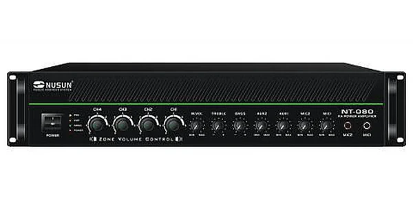 Микшер-усилитель трансляционный Nusun NT-080, 80W, 2 микрофона + 2 AUX, 70/100В, 4-16 Ом, регулировка по 4 зонам