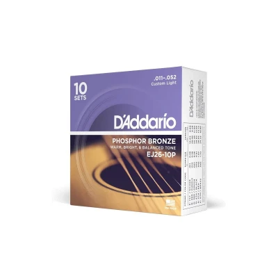 Струны для акустической гитары D'Addario EJ26-10P, фосфор/бронза, Custom Light 11-52 (10 комплектов)