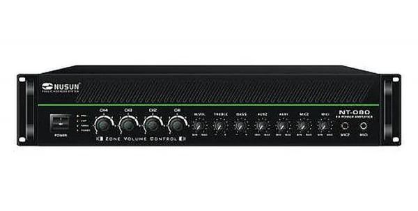 Трансляционный микшер-усилитель Nusun NT-400, 400W, 2 микрофона + 2 AUX, 70/100В, 4-16 Ом, регулировка по 4 зонам
