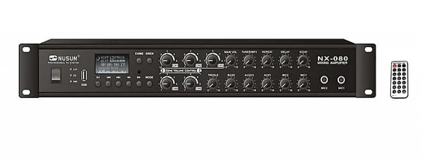 Микшер-усилитель Nusun NX-080, 2 микрофона + 3 линейных входа, FM-тюнер, USB, 80W, 70/100V, 4-16 Ом, 100-16kHz, 5 регулируемых зон