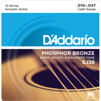 Струны для 12-струнной гитары D'ADDARIO EJ38 с обмоткой из фосфорной бронзы, Light 10-47