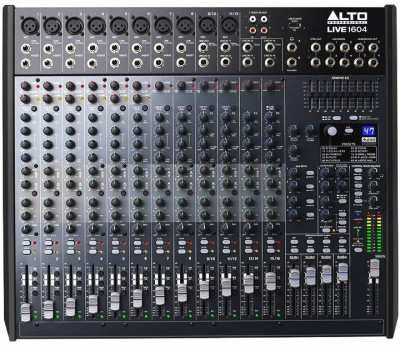 Alto LIVE 1604 микшер, 10 моновходов, 4 стерео, 10 микрофонных предусилителей, 4 AUX-шины, 4 подгруппы, процессор эффектов, USB