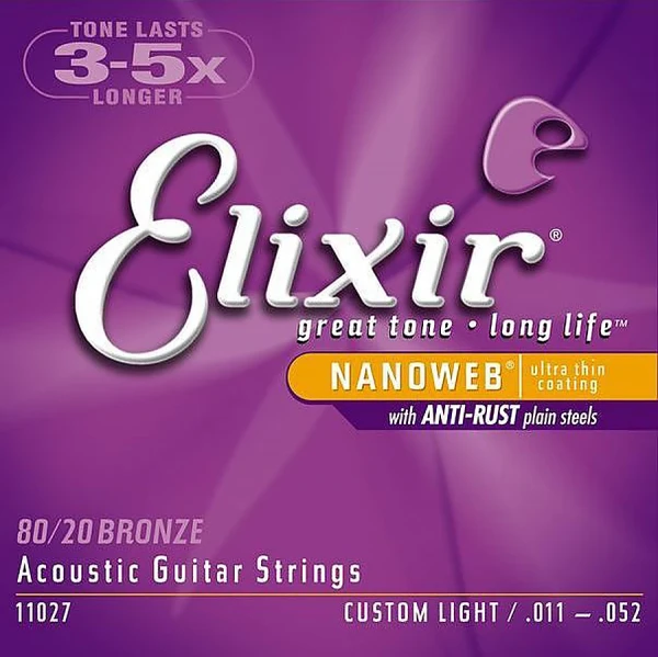 Струны для акустической гитары Elixir 11027 NanoWeb Custom Light 11-52, бронза 80/20