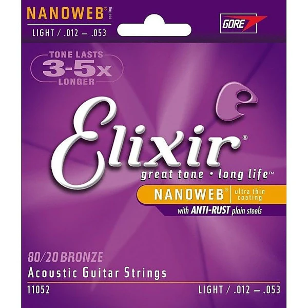 Струны для акустической гитары Elixir 11052 NanoWeb Light 12-53, бронза 80/20