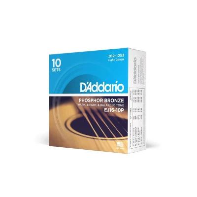 Струны для акустической гитары D'Addario EJ16-10P, фосфор/бронза, Light 12-53, (10 комплектов)