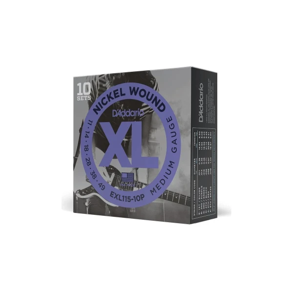 Струны для электрогитары D'Addario EXL115-10P, никель, 11-49, Medium (10 комплектов)