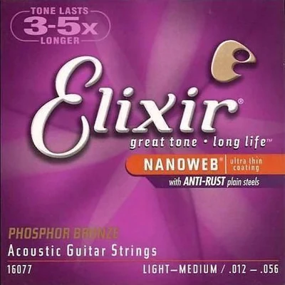 Струны для акустической гитары Elixir 16077 NanoWeb Light-Medium 12-56, фосфор/бронза