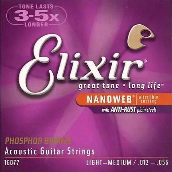 Струны для акустической гитары Elixir 16077 NanoWeb Light-Medium 12-56, фосфор/бронза