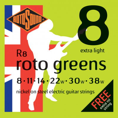 ROTOSOUND R8 STRINGS NICKEL EXTRA LIGHT струны для электрогитары, никелевое покрытие, 8-38