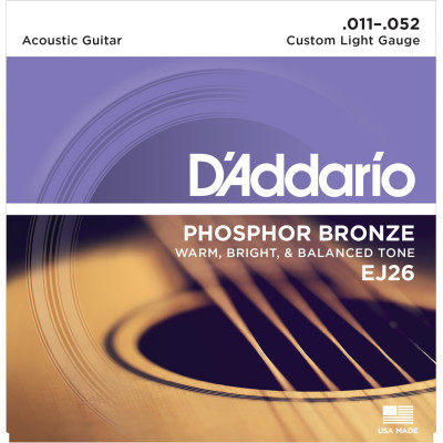 Струны для акустической гитарыD'ADDARIO EJ26 с обмоткой из фосфорной бронзы, Custom Light 11-52
