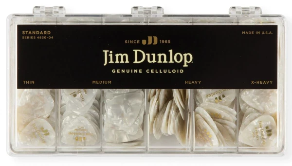 Короб с медиаторами Dunlop 483004 Celluloid White Pearloid Display, HV/MD-144 шт, XH/TH-72 шт, 432 шт.