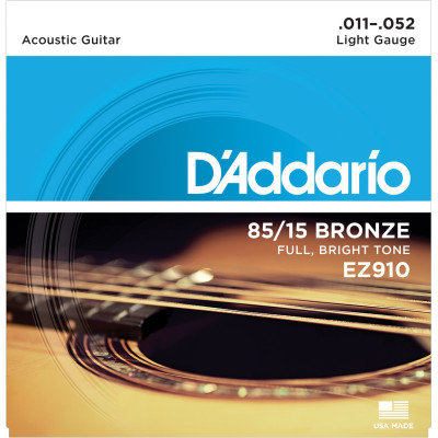 Струны для акустической гитары D'ADDARIO EZ910 бронза 85/15, Light 11-52