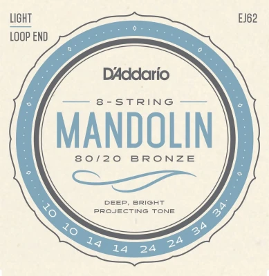 Струны для мандолины D'Addario EJ62, 8 струн, бронза 80/20, 10-10-14-14-24-24-34-34