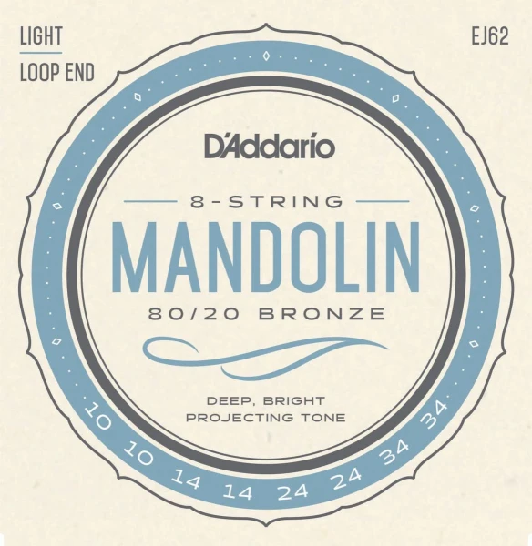 Струны для мандолины D'Addario EJ62, 8 струн, бронза 80/20, 10-10-14-14-24-24-34-34