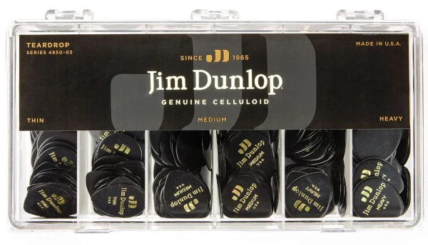 Коробка с медиаторами Dunlop 485003 Celluloid Black Teardrop Display, HV, MD, TH по 144 шт., 432 шт