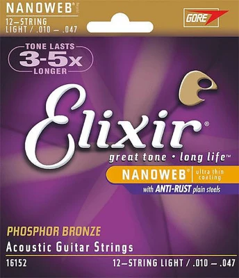 Струны для 12-струнной акустической гитары Elixir 16152 NanoWeb Light 10-47/10-27, фосфор/бронза