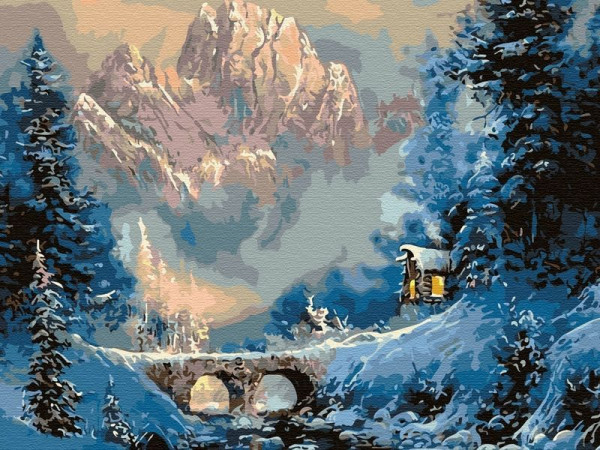 Картина по номерам на дереве 40х50 ЗИМА В ГОРАХ  (24 цвета)