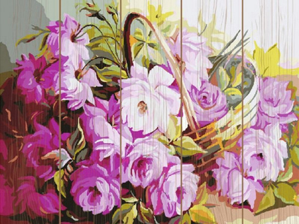 Картина по номерам на дереве 40х50 КОРЗИНА С ЦВЕТАМИ (27 цветов)