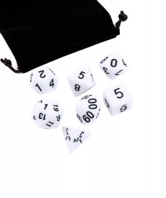 Набор из 7 игровых кубиков для ролевых игр, белый, с мешочком